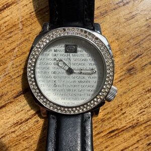 Fossil Silver Crystal Bezel Watch with Black Strap